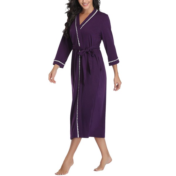 Vlazom Womens Dressing Gown Soft Kimono Robe V-Neck Long Knit Bathrobe Nightwear Sleepwear for All Seasons, Style A-Purple, XXL