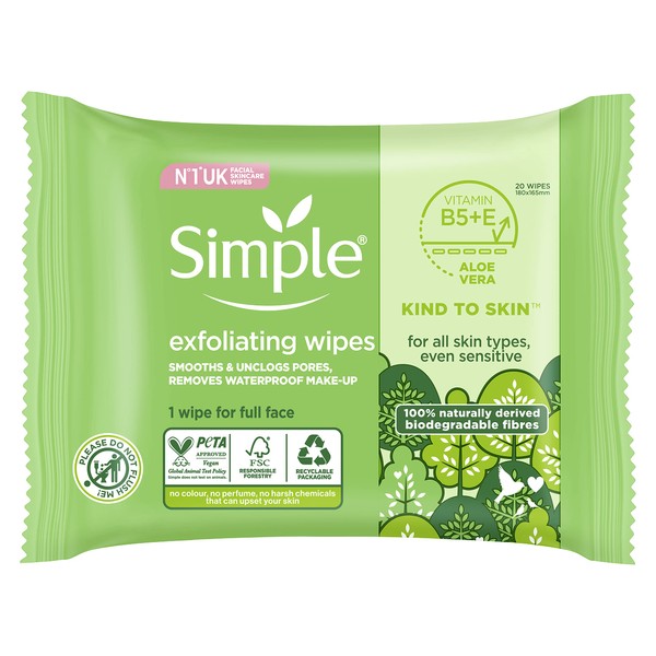 Simple Kind to Skin Exfoliating Biodegradable Facial Wipes gently removes dirt, make-up and exfoliates dead skin cells for sensitive skin 20 wipes