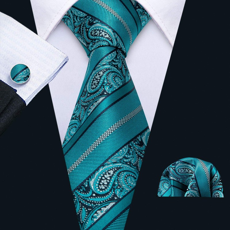 Barry.Wang Men Ties Silk Teal Paisley Necktie Set Handkerchief Cufflinks