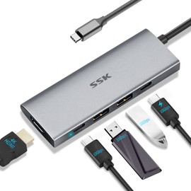 SSK Hub USB-C de 100 W, USB3.2 Gen 2 10 Gbps 5 en 1 tipo C adaptador multipuerto con HDMI 4K, 2 USB C con 1 alimentación PD, 2 puertos USB A 3.2 Gen2, puerto SuperSpeed USB C para laptop Macbook Pro