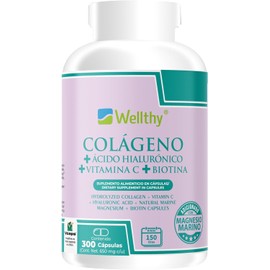 Wellthy Colageno Hidrolizado 300 Cápsulas Reforzacon con Ácido Hialurónico, Vitamina C, Magnesio Marino y Biotina. 150 Porciones para 5 meses de consumo.