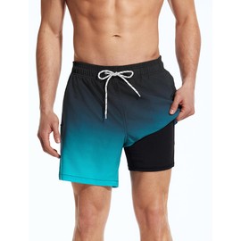 SILKWORLD Mens Swimming Trunks with Compression Liner Quick Dry 5 inch Swim Shorts with Zipper Pockets,Wavy Blue Black Gradient,Large
