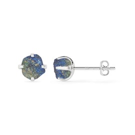 LUSTRE AND LIGHT Natural Rough Azurite Malachite Stud Earrings for Women in Sterling Silver, May Birthstone Jewelry Gifts for Her Birthday, Anniversary, Graduation (Prong-Set, 6x5.5mm)