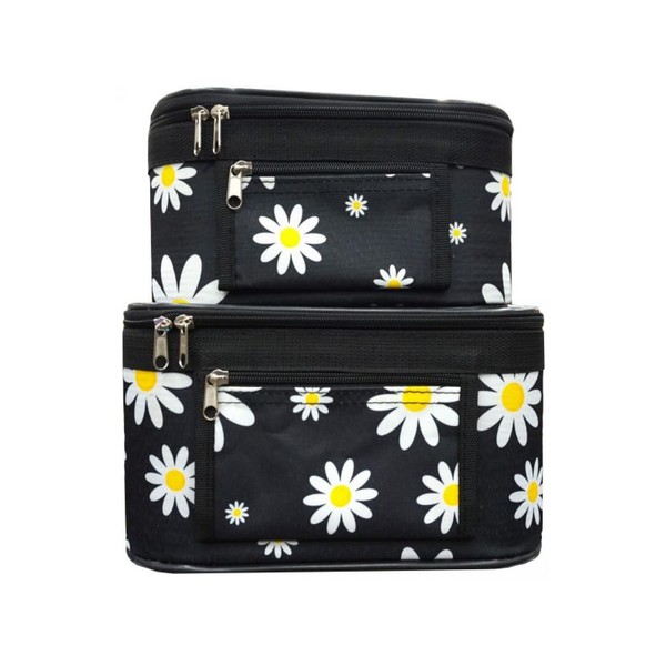 Sunflowers Cosmetic Cases with Daisy Floral Print, Black, Set of