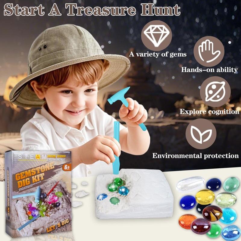 Gemstone Dig Kit - Dig Up 10 Random-Colored Gemstones Educational