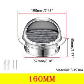 Qrity Air Vent 304 Stainless Steel Bull-Nose External Vent, Round Ventilation Grill Screen Hood, for The External Wall Exhaust, Hood Exhaust, 160mm