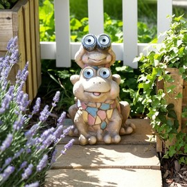 Sagebrook Home Garden Frog Statue - Solar-Powered Light-Up Eyes - Resin Polyresin Stone Finish - Outdoor Decorative Figurine for Home & Garden - 14" Gray, Green, Yellow