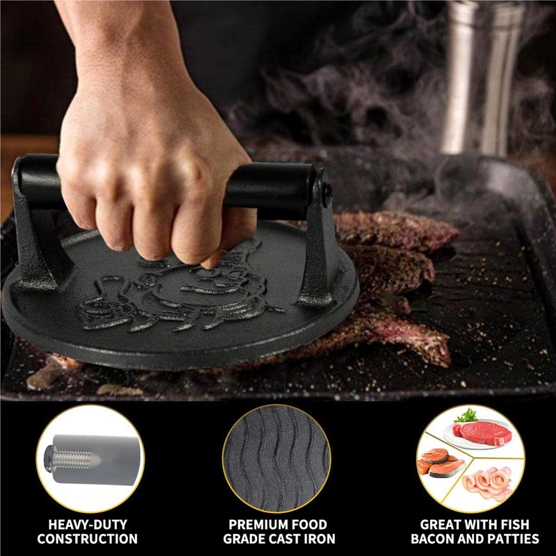 Heavy Duty Cast Iron Burger Press Kit for Smash Burgers