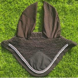 Elegant Black with Grey Horse Ear Bonnet, Fly Veil & Fly Mask – Fly Protection with Style and Comfort for Every Ride (Black with White & Grey, COB)