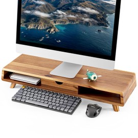 TINAMO Acacia Wood Monitor Stand with Drawer - Wooden Monitor Riser for Desk - Computer Monitor Stand for Desk - Multi-Purpose Desktop Storage Stand for Computer; Laptop; Printer; TV - 24.4 " x 8" x 5" (Patent Pending)