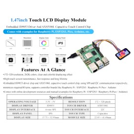 1.47inch Touch Screen Compatible with RPi 5/4B/3B+/3B/Pico W/Pico 2W/ESP32-S3, 172x320 Resolution IPS LCD Display Module, SPI and I2C Communication, 262K Display Color