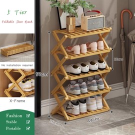 Glsety 5 Tier Bamboo Shoe Rack,Portable Folding Shoe Storage Rack,Without Installation Small Shoe Rack Perfect for Corridors, Bedrooms and Small Spaces (5 Tier)