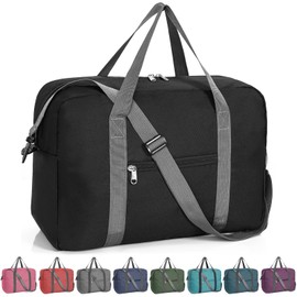 LASUK For Spirit Airlines Personal Item Bag 18x14x8, Foldable Travel Duffel Bag Tote Carry on Luggage Duffle Weekend Overnight Bag for Women and Men(Black with Strap)