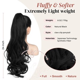 LONAI Claw Clip Ponytail Extension for Women 24 Inch Curly Wavy Ponytails Extensions Clip in Ponytail Hair Extensions Pony Tail Clip on Ponytails Hair Piece (Natural Black)