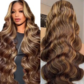 SFD 28 Inch Ombre Lace Front Wig Human Hair 200% Density Blonde Highlight Wig Human Hair Pre Plucked 4/27 Highlight Lace Front Wigs13x4 HD Lace Brown Highlighted Wig Body Wave