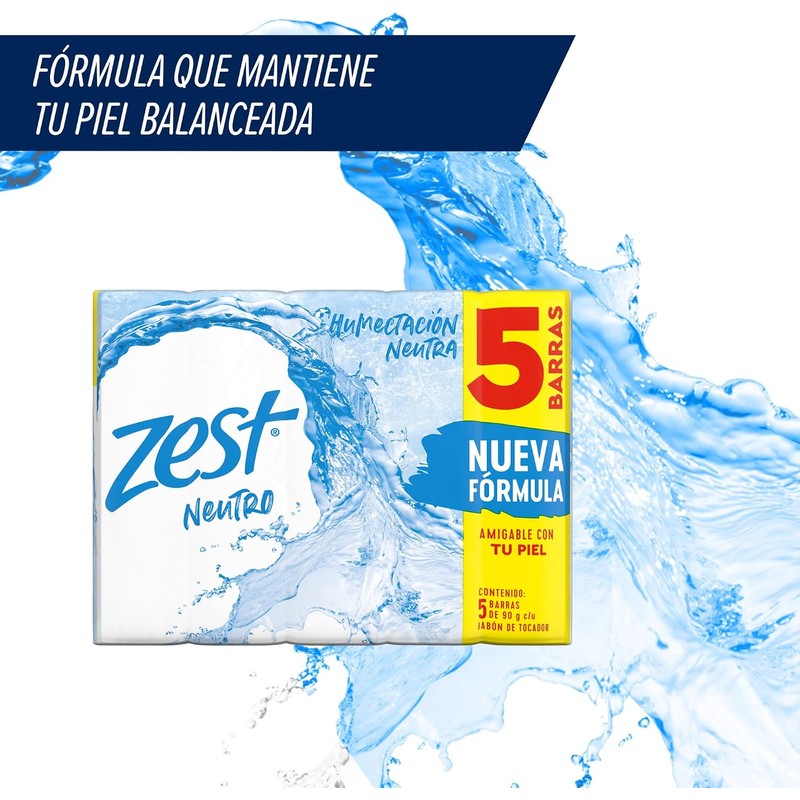 Jabón Neutro Suave Zest 90g – Pack de 5 barras,