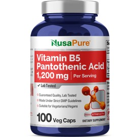 NusaPure Vitamin B5 Pantothenic Acid 1,200mg Per Serving 100 Caps Vegetarians Vegans, Non-GMO Dietary Supplement