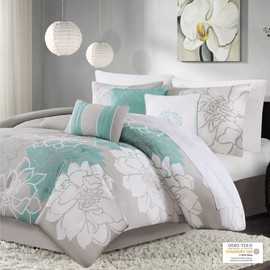 Madison Park Lola Sateen Cotton Comforter Set-Casual Medallion Floral Design All Season Down Alternative Bedding, Shams, Bedskirt, Decorative Pillows, King(104"x92"), Aqua, 7 Piece