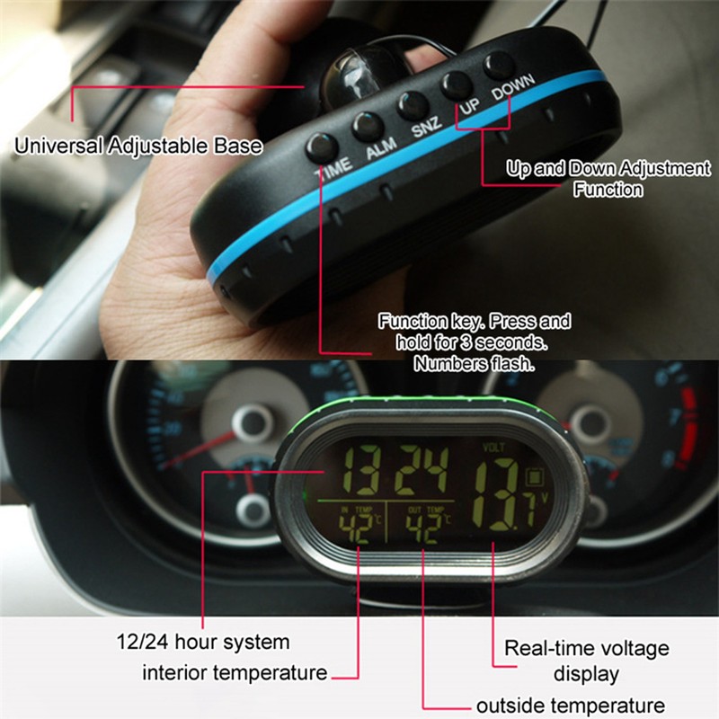 Car Clock Thermometer Voltmeter Gauge 3 in 1 Clock Thermometer