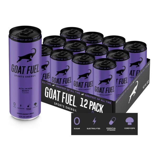 GOAT Fuel® Preworkout Sports Energy Drink - Sugar-Free Pre Workout Healthy Energy Drink - Increase Mental and Physical Performance - with Cordyceps Mushroom, BCAAs and Electrolytes 12 Pack Acai Berry