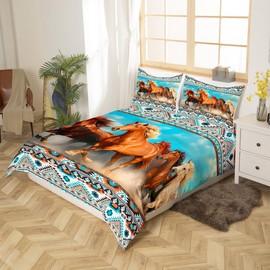 Manfei Running Horse Duvet Cover Set Twin Size, 3D Animal Theme Comforter Cover with 1 Pillowcase, Boho Blue Strripe Bedding Set 2pcs for Kids Boys Girls Bedroom Decor, Bohemian Bedspread Cover