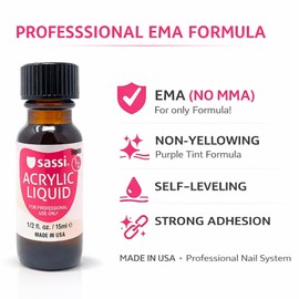 Sassi Acrylic Liquid Monomer (EMA) – Made in USA, Professional Nail System, Non-Yellowing, Self-Leveling, Strong Adhesion for Acrylic Nails (0.5oz)