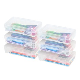IRIS USA Pencil Case Plastic Pouch Box Storage Organizer for Beads, Pens, and Art Supplies, 6-Pack, Stackable Container with Snap Lid for Jewelry, Stickers, and Tackle Box, Clear, Medium