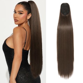 SEIKEA 35" Ponytail Extensions Drawstring Long Straight Fake Pony Tail Natural Soft Clip in Hair Extension Synthetic Heat Resistant Hairpiece Dark Brown with Copper Highlights