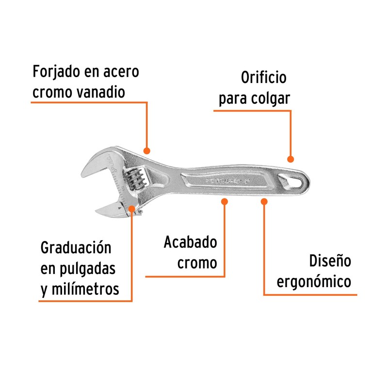 Truper Expert PET-6C, Llave ajustable (perico), 6" profesional cromada