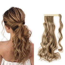 S-noilite One Piece Ponytail Hair Extensions Clip in Wrap Around on Pony Tail Long Real Natural Synthetic Fibre Ponytails Hairpiece for Women Lady Girl Curly 17 inch light brown & ash blonde