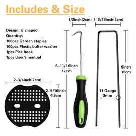 Bakulyor 100pcs Black Landscape Staples + 100pcs Buffer Washer, 6 Inch 11 Gauge Garden Stakes Staples, U Shaped Galvanized Lawn Pins Heavy Duty Yard Ground Pin for Weed Barrier Sod Fabric Decorations