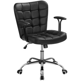 Yaheetech Mid Back Faux Leather Office Chair Adjustable Tilting Vanity Chair Modern Upholstered Desk Chair Task Chair with Detachable Padded Armrests for Home/Office,Black