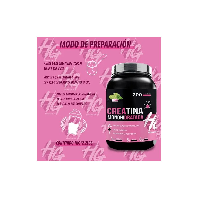 Creatina Monohidratada Heragen Polvo Sabor Uva 1kg 200 Porciones
