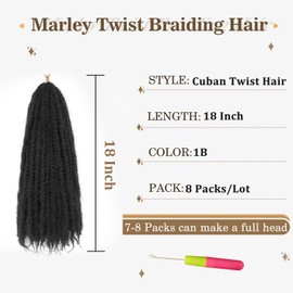Marley Twist Braiding Hair 18 Inch Cuban Twist Hair 8 Packs Soft Marley Twist Hair Afro Kinky Twist Hair Extension(18 Inch, 1B)