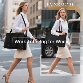 RAINSMORE Laptop Bag for Women 15.6 Inch PU Vegan Leather Work Tote Bag Waterproof Womens Briefcase Designer Computer Bags for Office Teacher College Travel Large Tote Purse Professional Black