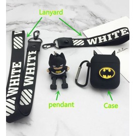 SPEEDYUNI Compatible with Airpods 2 and 1 Charging Case, Cute Cartoon Protective Case Cover with Safety Lanyards, Keychain, & 3D Superhero Figure (Black)