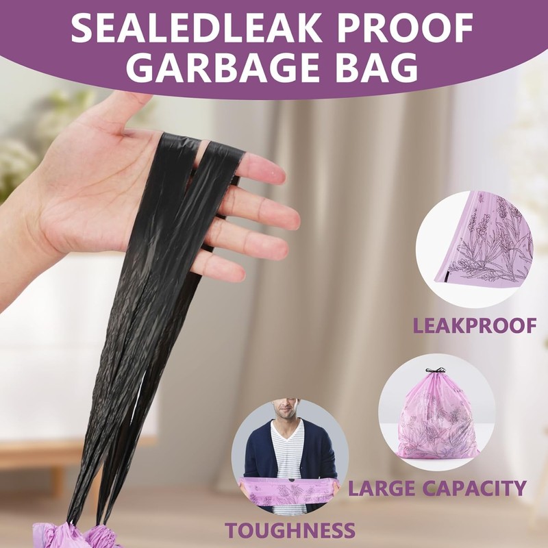50-Pack 4 Gallon (15L) Drawstring Bin Liners | Colourful Lavender-Printed