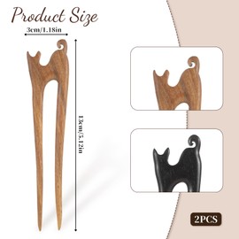 2Pcs U Shape Wooden Hair Sticks Handmade Carved Wood French Hair Forks with Cute Cat Design 2-Prong Vintage Wood Hair Pins for Women Girls Chignon Bun Updo Hairstyle Accessories