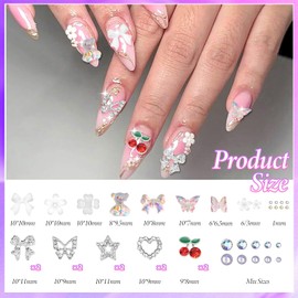 3D Nail Charms and Gems, White Flower Nail Pearls Charms, Polar Clear Butterfly Bear Bows Nail Art Charm, Silver Cherry Star Heart Studs Nail Jewelry Charms for Nail Art Design