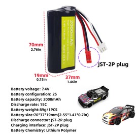 2PCS 7.4V 2000mah 15C 2S Lipo Battery JST-2P Plug with 2-in-1 Charger for UDIRC UD1601 UD1602 UD1604 UD1607 SG1603 SG1604 RC High Speed Car,RC Ship,RC Drone,Huina Engineering Vehicle Backup Battery