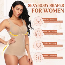 Women Shaper Cami Built in Bra Shapewear Tank Top Tummy Control Seamless Body Shaping Undershirts Compression Beige M
