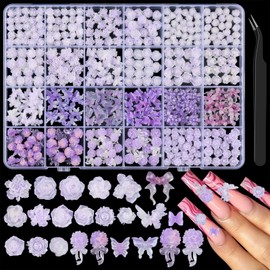 460 Pieces Dreamy Rose Camellia Flower Nail Charms 3D Cute Butterfly Bow Charms for Nails, Pink Black Stamen Nail Supplies for Women Nail Art Design DIY Crafts Jewel Accessories (Purple)