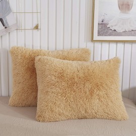 XeGe Faux Fur Throw Pillow Cases, Plush Shaggy Ultra Soft Pillow Covers, Fluffy Crystal Velvet Decorative Pillowcases, Furry Fuzzy Pillow Shams Zipper Closure, Set of 2(Standard, Camel)
