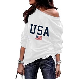 Decogiver Women‘s Off Shoulder Long Sleeve Patriotic American Flag Star Stripes Slouchy Holiday Sweatshirt WU XL