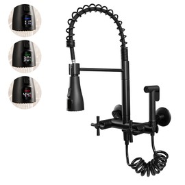 JPHOMES Wall Mount Kitchen Faucet with Pull Out Sprayer, 8 Inch Center 2 Handles Commercial Sink Faucet with Temperature Display Head for Kitchen, Matte Black