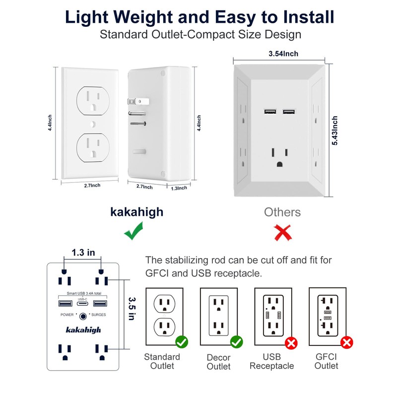 kakahigh Wall Outlet Extender with Screw 8 Way Outlets with