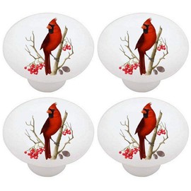 SET OF 4 CARDINAL BIRD KNOBS - Cardinal Birds - DECORATIVE Glossy CERAMIC Drawer PULL Dresser KNOB