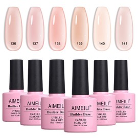 AIMEILI 8 in 1 Builder Nail Gel, Sheer Color Nude Pink Builder Nail Strengthener Extension False Nail Tips Builder Extension, Soak Off UV LED Gel Polish 6pcs X 10ml - Gift Kit 34