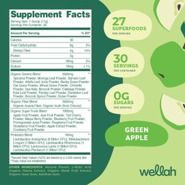 Wellah Leaf, Laugh, Love Super Greens Powder (Green Apple) 30 Servings - Superfood Supplement Drink Mix