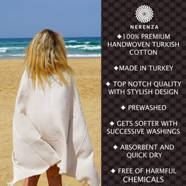 NERENZA Premium Turkish Beach Towel Cotton Peshtemal - Stylish Turkish Bath Towels Extra Large Blanket for Beach and Bathroom - Prewashed - 35 x 70 Inch XL - Zigzag Beige (1 Unit)